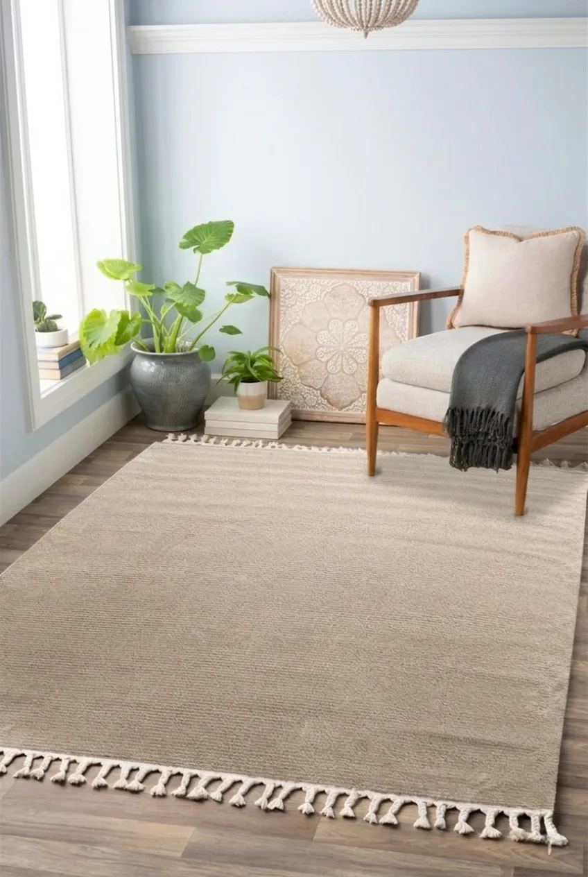 Soft Beige Scandinavian Plush Textured Machine Carpet