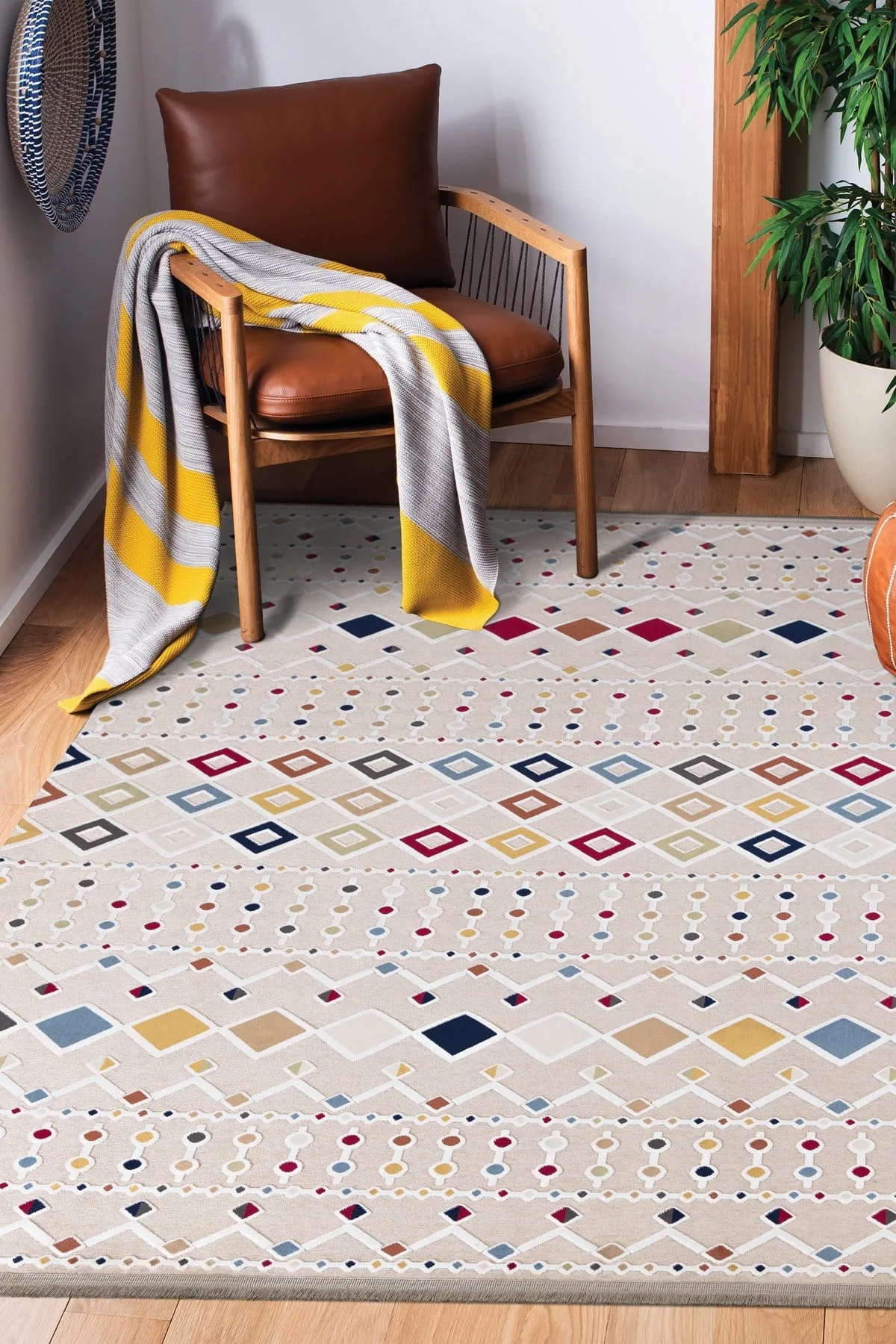 Beige Viscose Anti-Slip Modern Patterned Rug-0042