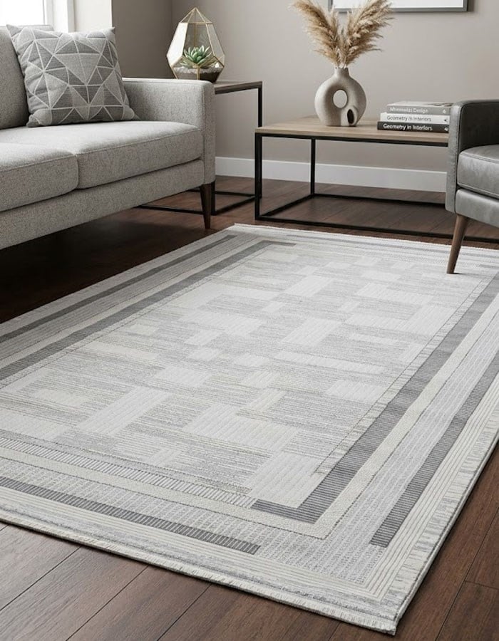 Beliz Viscose Cream Gray Geometric Patterned Bordered Non-Pilling Dust-Proof Premium Living Room Carpet | 690