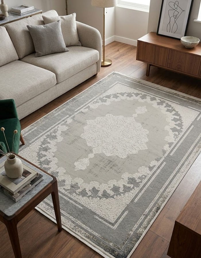 Beliz Viscose Cream Grey Bordered Classic Modern Patterned Anti-Pilling Dust-Proof Premium Living Room Carpet | 2082