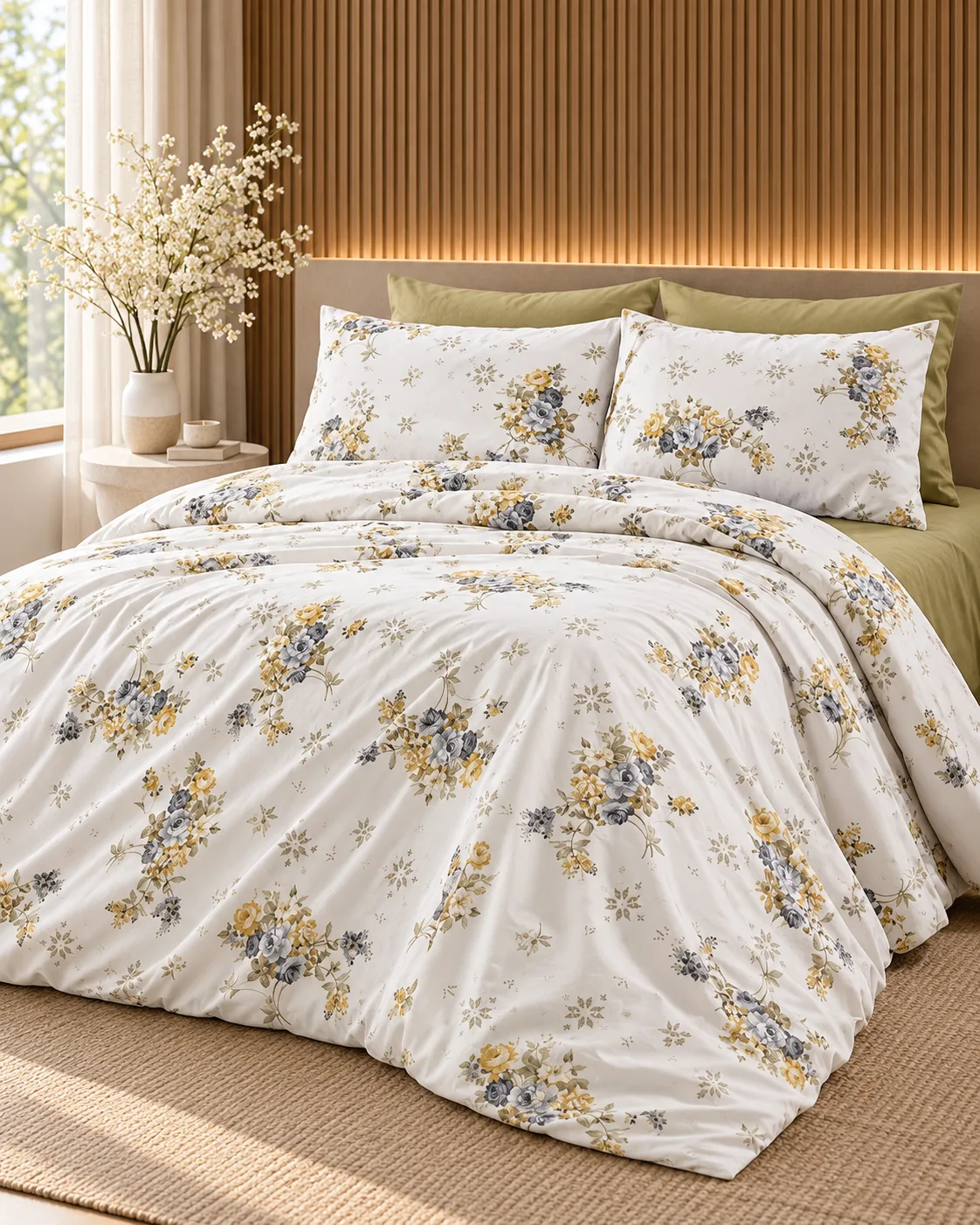 Çift Kişilik Desenli Krem Yeşil Yastıklı Nevresim Takımı HÇ02 200x220