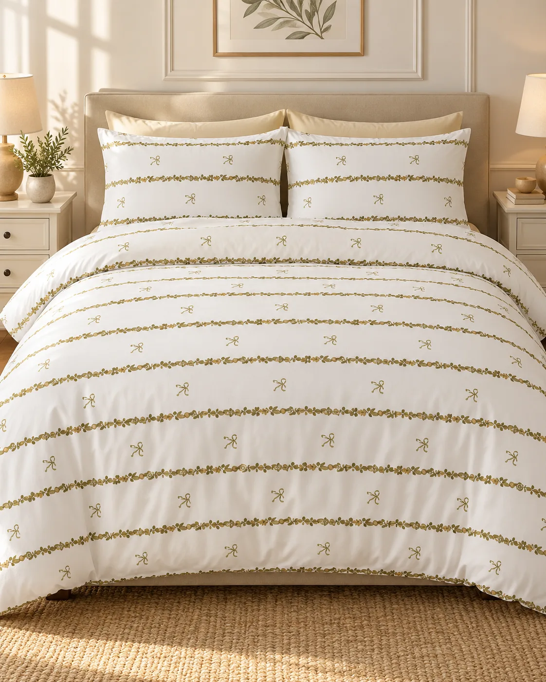 Çift Kişilik Desenli Krem Yeşil Yastıklı Nevresim Takımı HÇ09 200x220