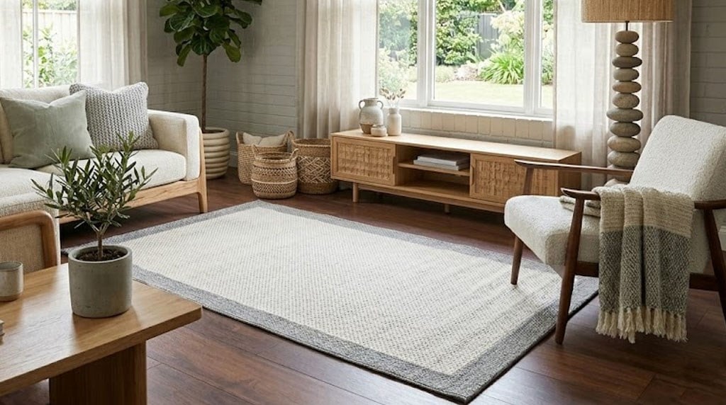 Decorative Washable Sisal Rug, Deep Grey & Cream, Framed Jute, Non-Slip Base | ST06