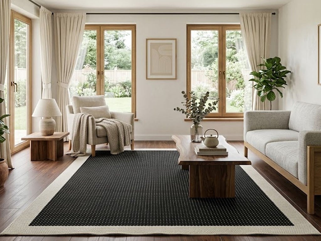 Deep Sisal Cream Bordered Black Jute Sisal Decorative Non-slip Washable Rug | ST05