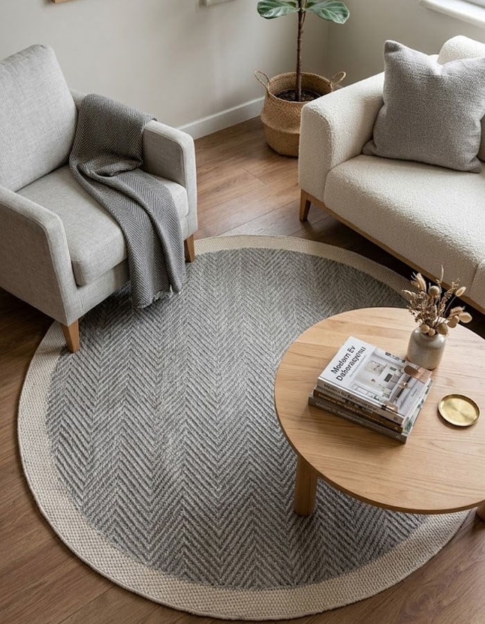 Deep Sisal Round Grey Jute Rug with Cream Border | Non-Slip Washable Decorative Mat | ST03