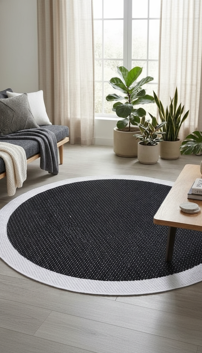 Deep Round Black Sisal Jute Rug with Cream Border | Non-Slip Washable Decorative Mat | ST05
