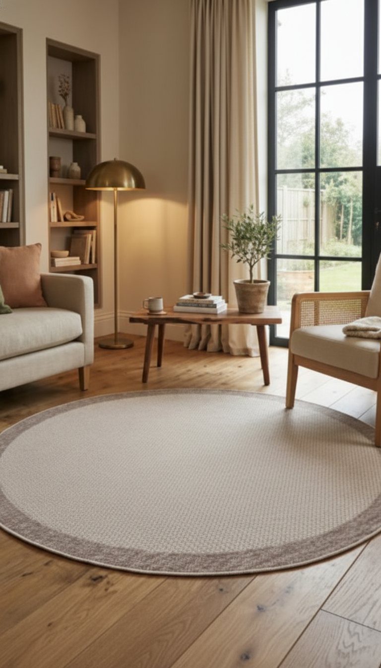 Deep Round Sisal Jute Beige Decorative Non-Slip Washable Rug with Taupe Border | ST04