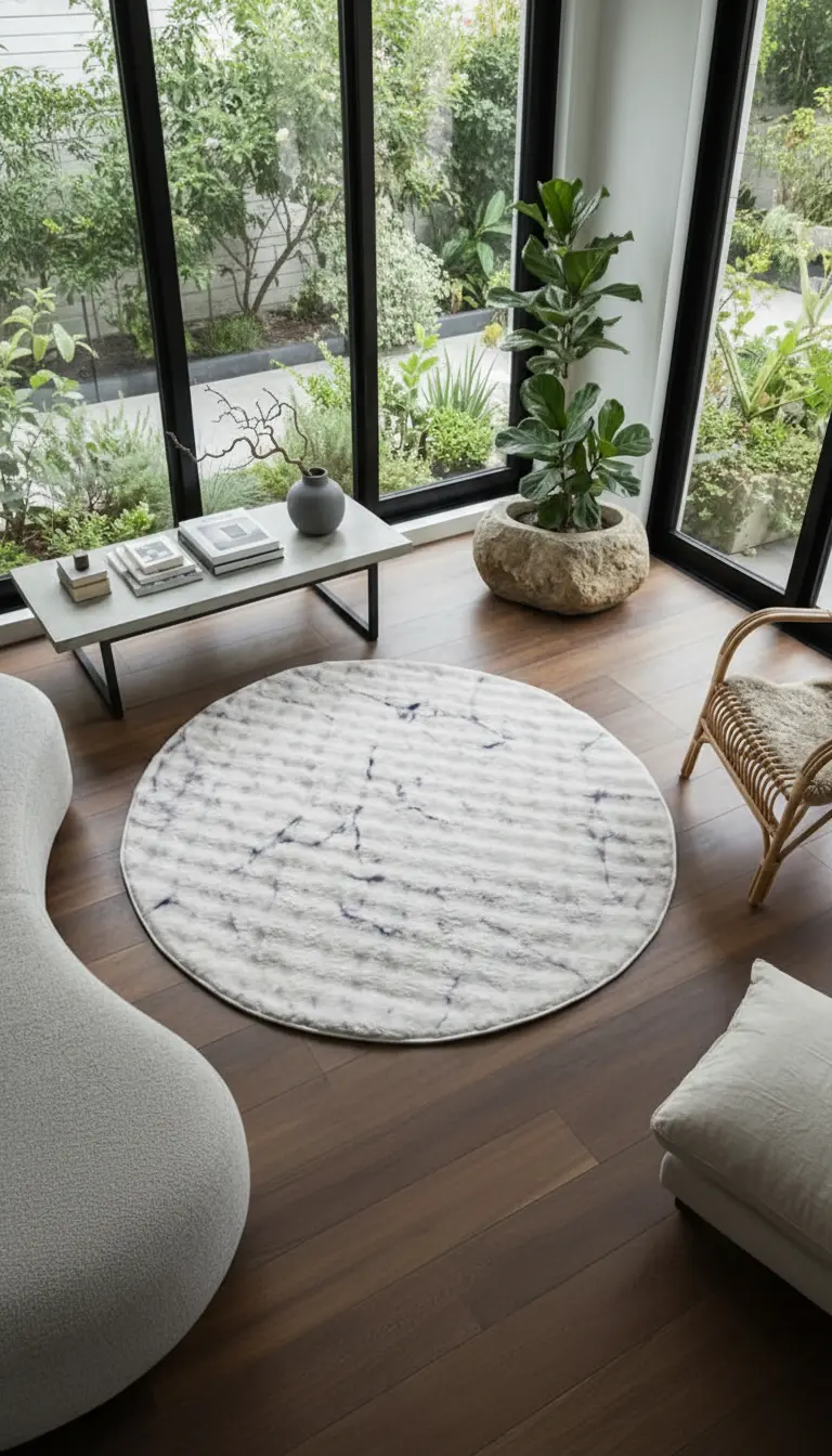 Dream Soft Yuvarlak Mermer Desenli Yumuşak Yüzeyli Kaymaz Makinede Yıkanabilir Halı
