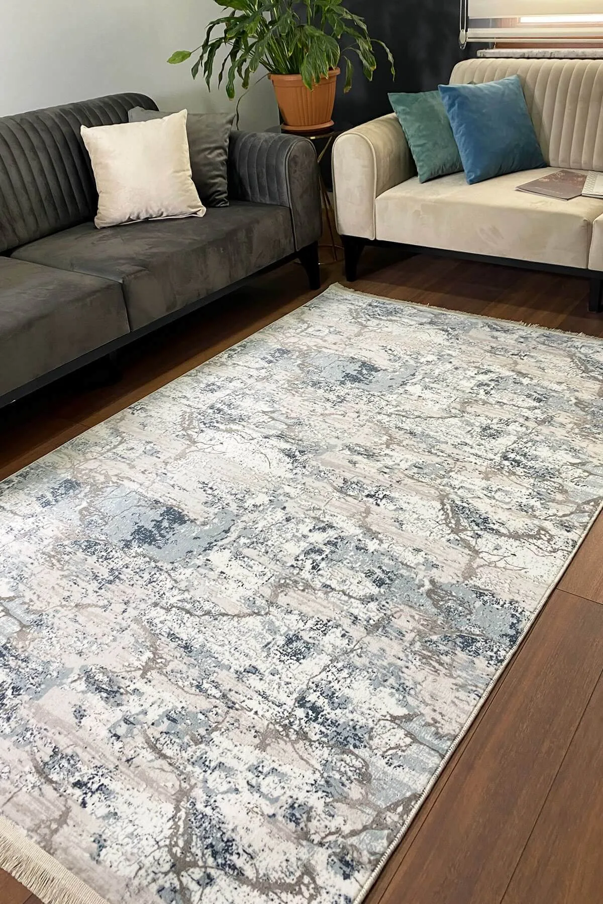 Etna Blue Colored Non-Slip Washable Rug - Lint-Free