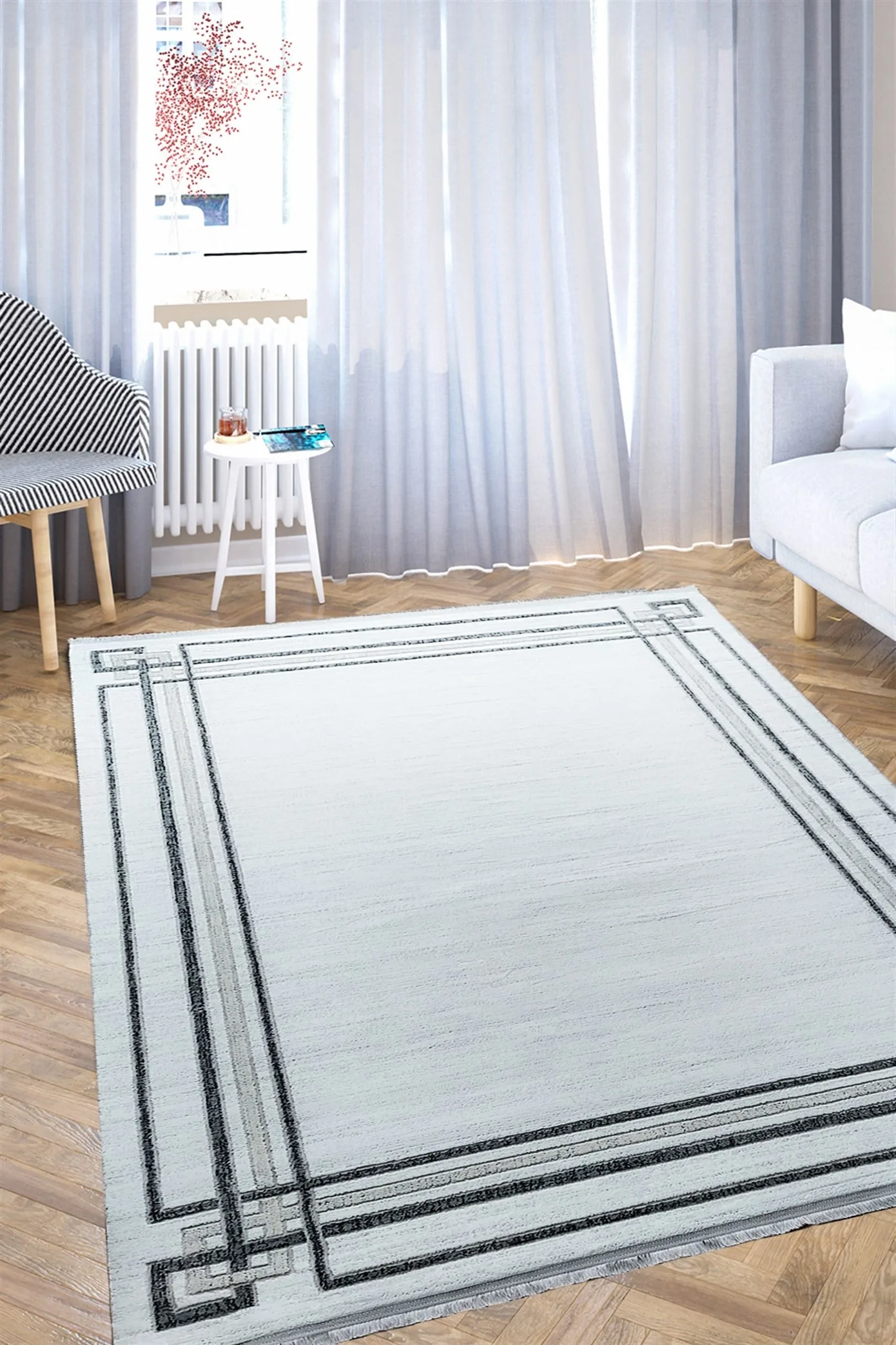 Grey Bordered Acrylic Living Room Carpet
