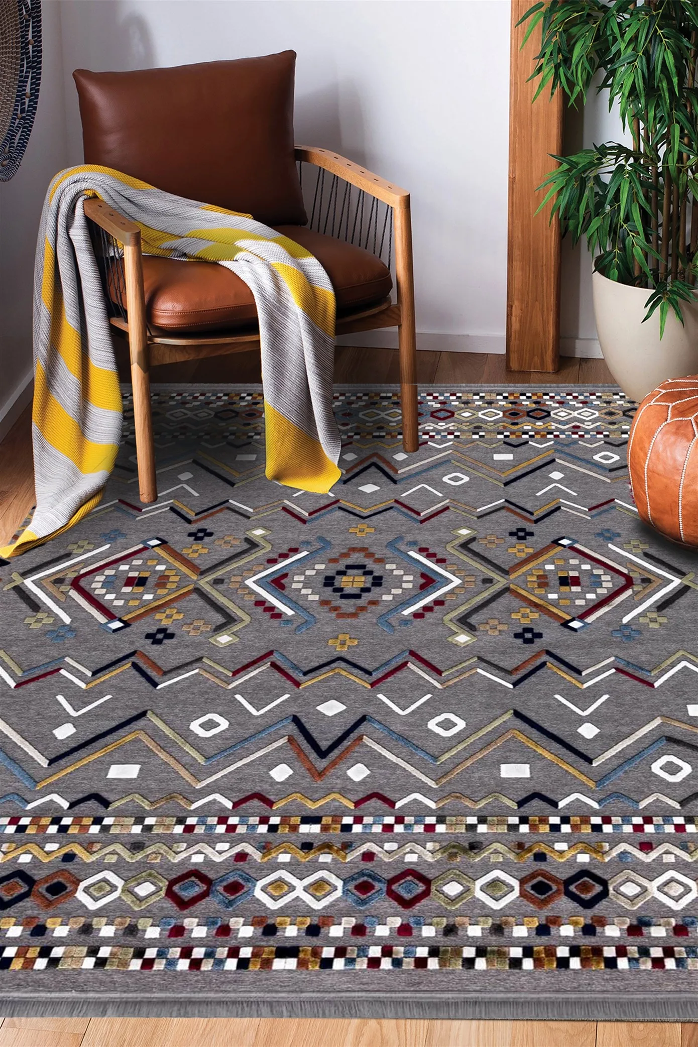 Grey Viscose Non-Slip Modern Patterned Rug -0040