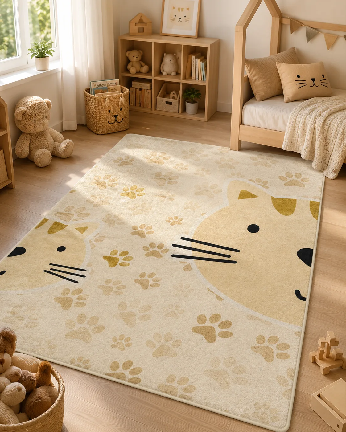 Sarı Çocuk Odası Halısı, Kedi Desenli - 4002