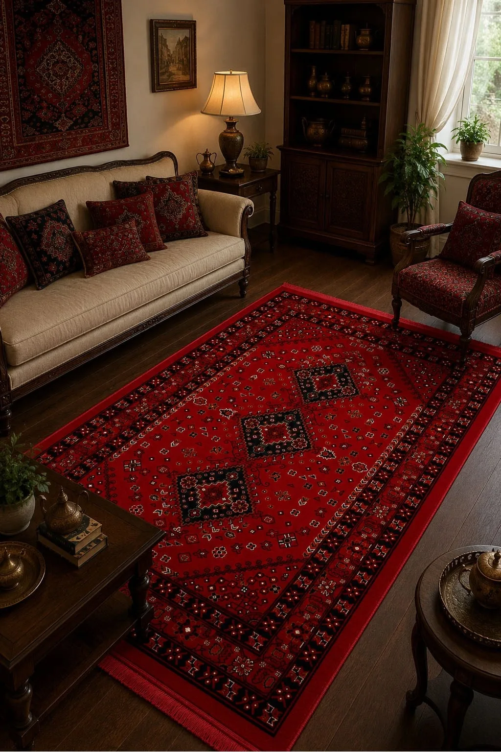 Kırmızı Afgan Tarzı Altı Kaymaz Yıkanabilir Şönil Kilim & Halı