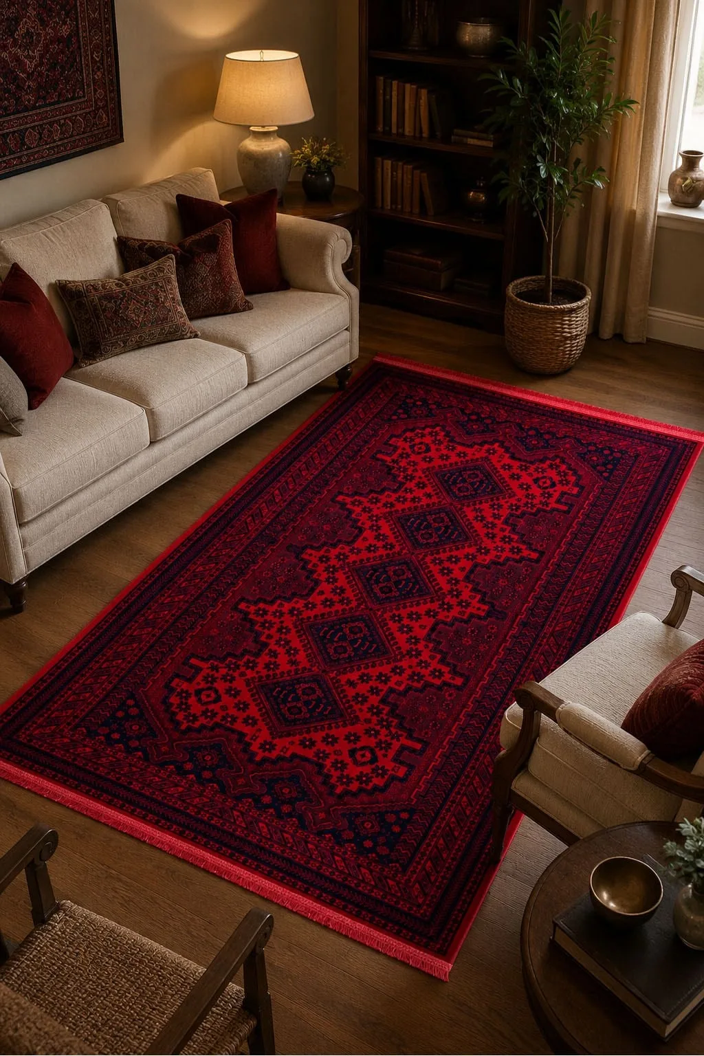 Kırmızı Afgan Tarzı Altı Kaymaz Yıkanabilir Şönil Kilim & Halı | SDF020