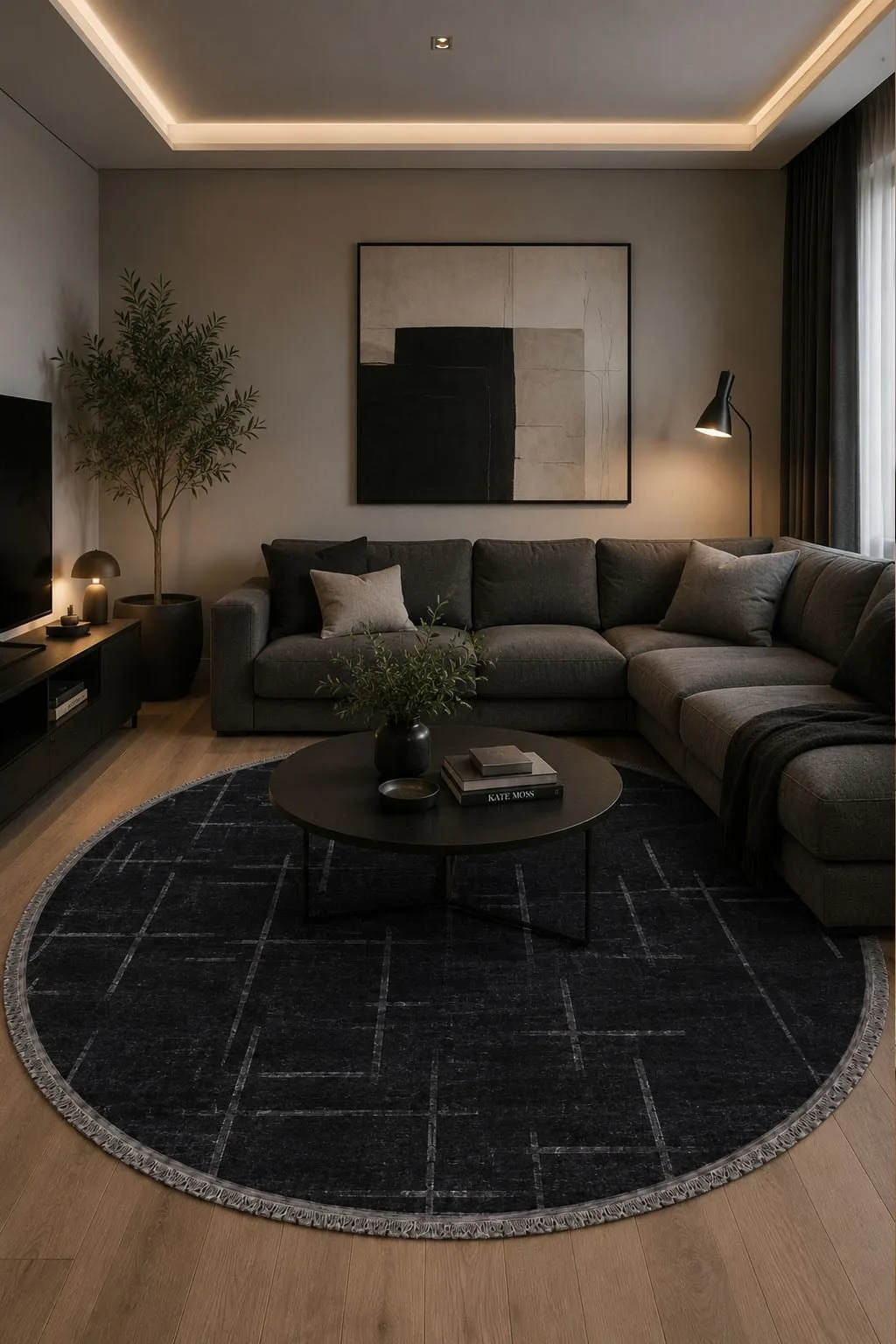 Lotus Bambu Model Altı Kaymaz Round Machine Knitted Carpet Anthracite