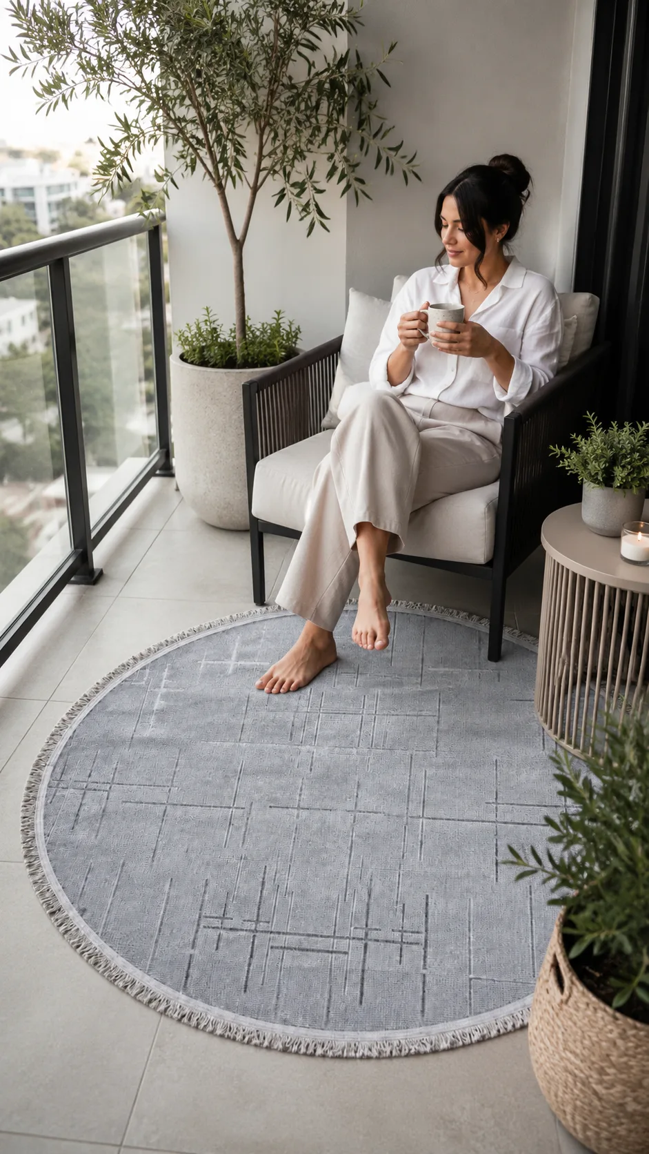 Lotus Bambu Model Altı Kaymaz Round Machine Knitted Rug Gray