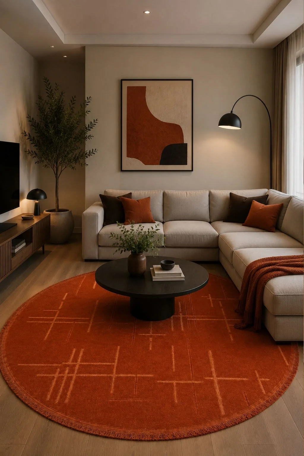 Lotus Bambu Model Altı Kaymaz Round Machine Knitted Brick Rug