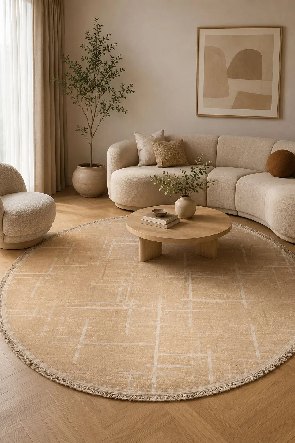 Lotus Bambu Model Altı Kaymaz Round Machine Knitted Carpet Cream
