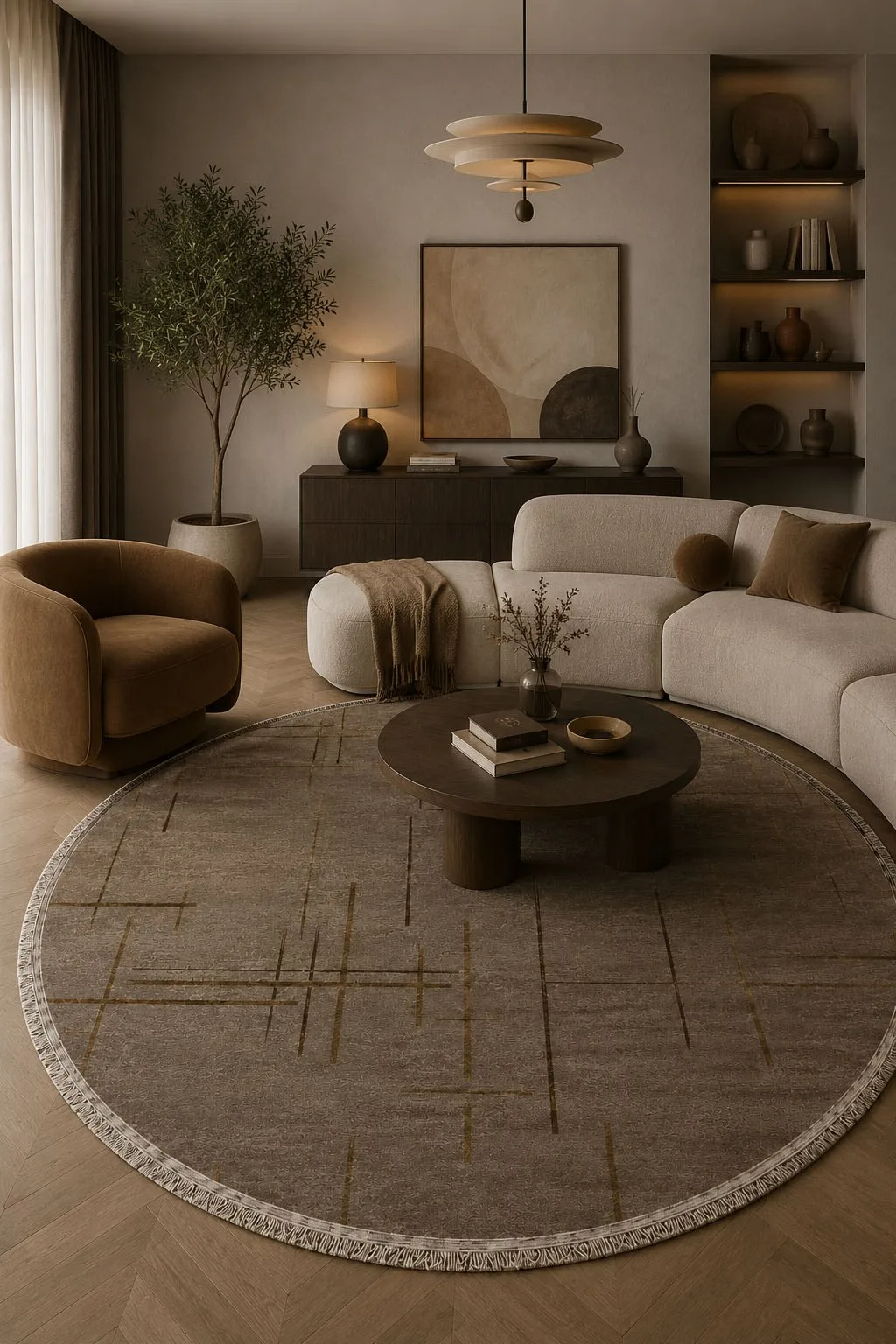 Lotus Bambu Model Altı Kaymaz Round Machine Knitted Rug Vizon