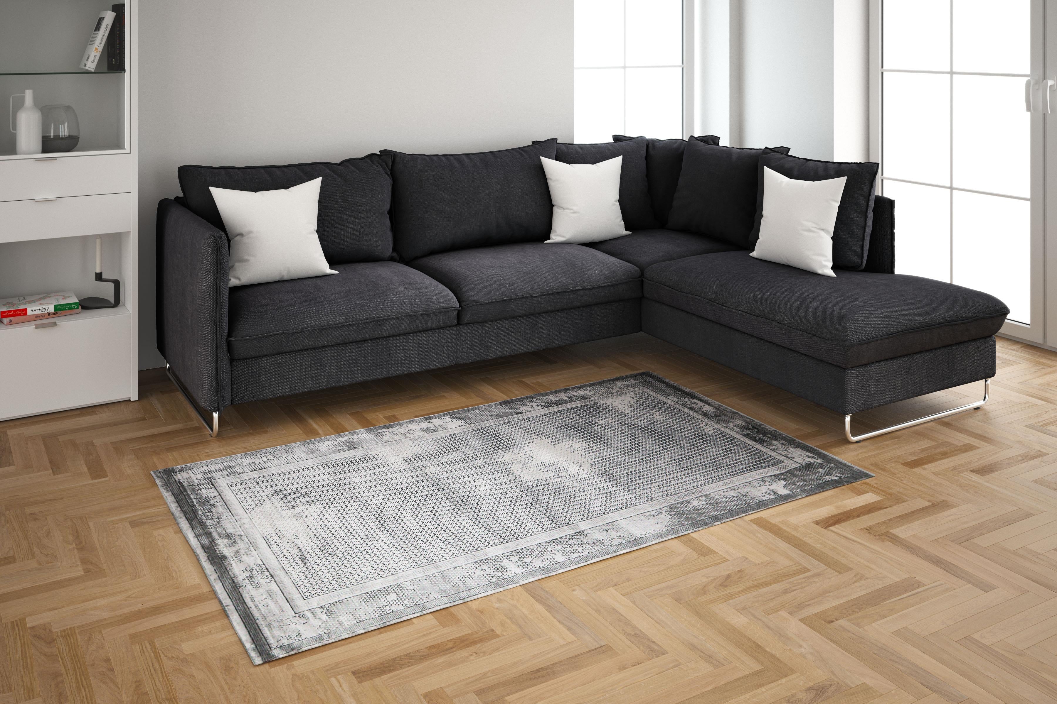 Medalion Series Grey Framed Motif Processed non-slip bottom Machine Woven Carpet | 17199