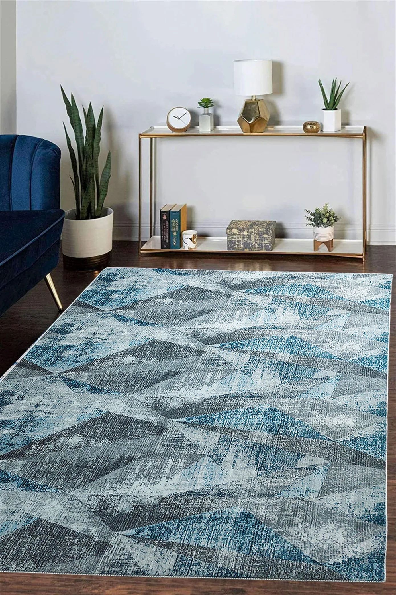 Machine Washable Blue Pattern Rug with Non-Slip Base