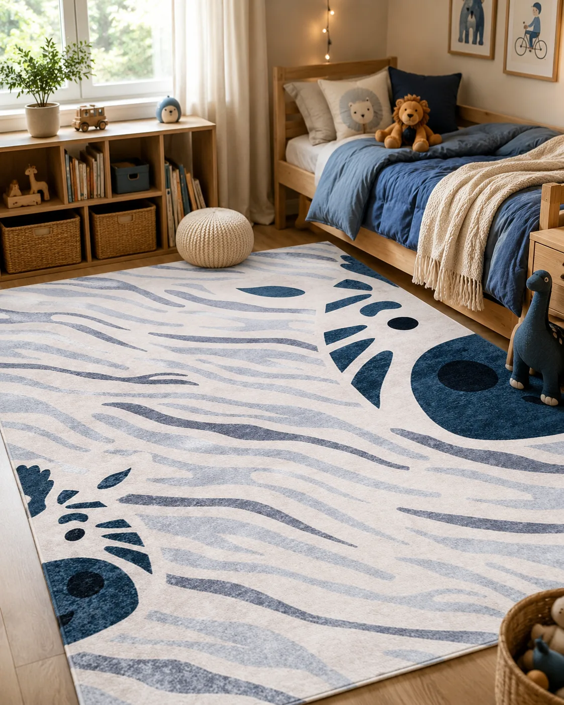 Blue Zebra Printed Children's Room Rug - 4001