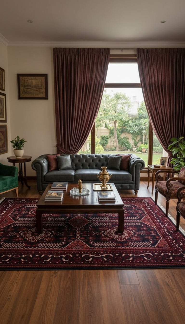 NAKIŞ Series Navy Bordered Red Patterned Stylish Living Room Carpet | AF306 NAVY
