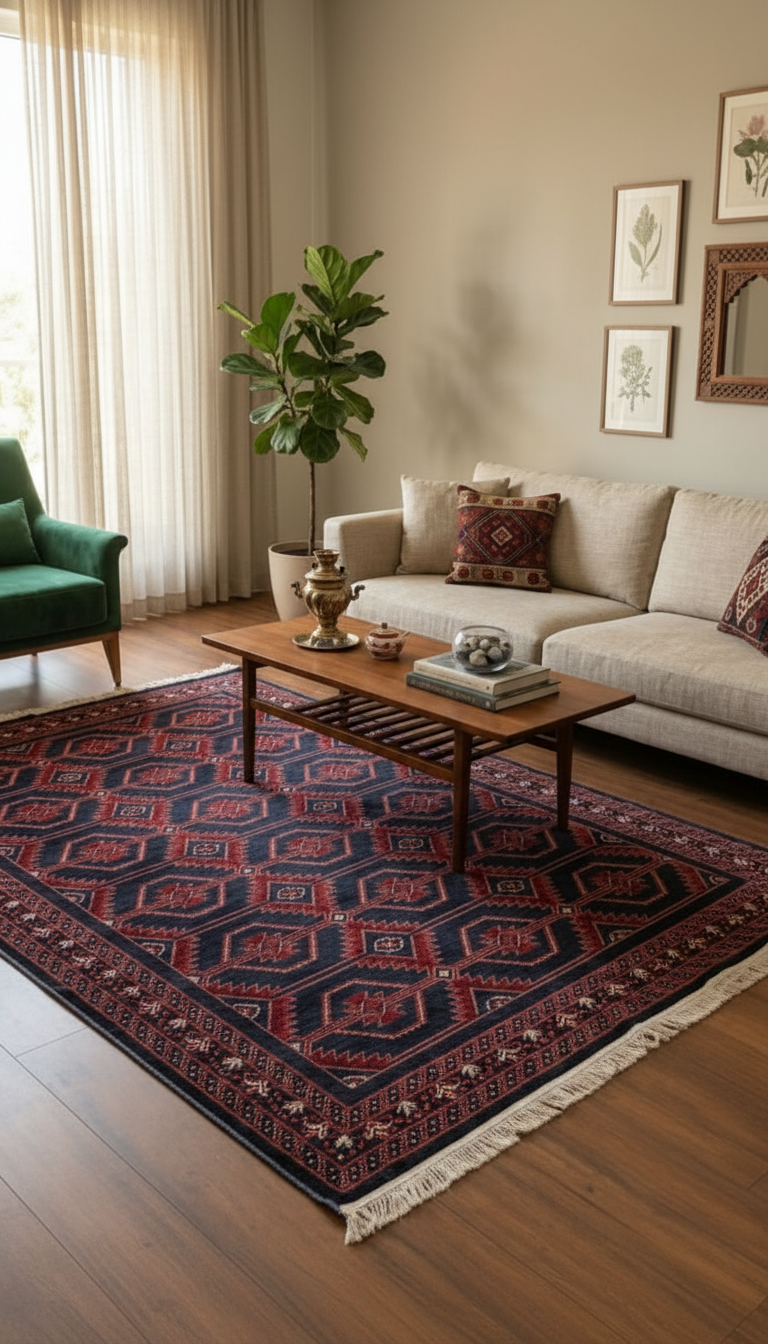 NAKIŞ Series Geometric Navy Red Stylish Living Room Carpet | AF316 NAVY