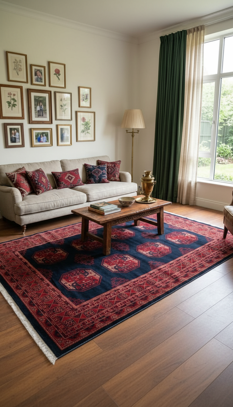 NAKIŞ Series Navy Red Patterned Stylish Living Room Carpet | AF305 NAVY