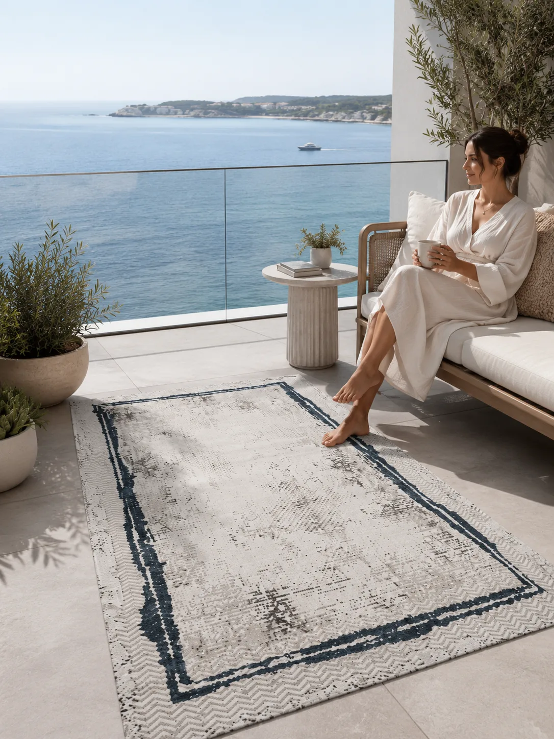 Nostalji Series Framed Cream Navy Anti-Slip Machine Woven Carpet | 13635