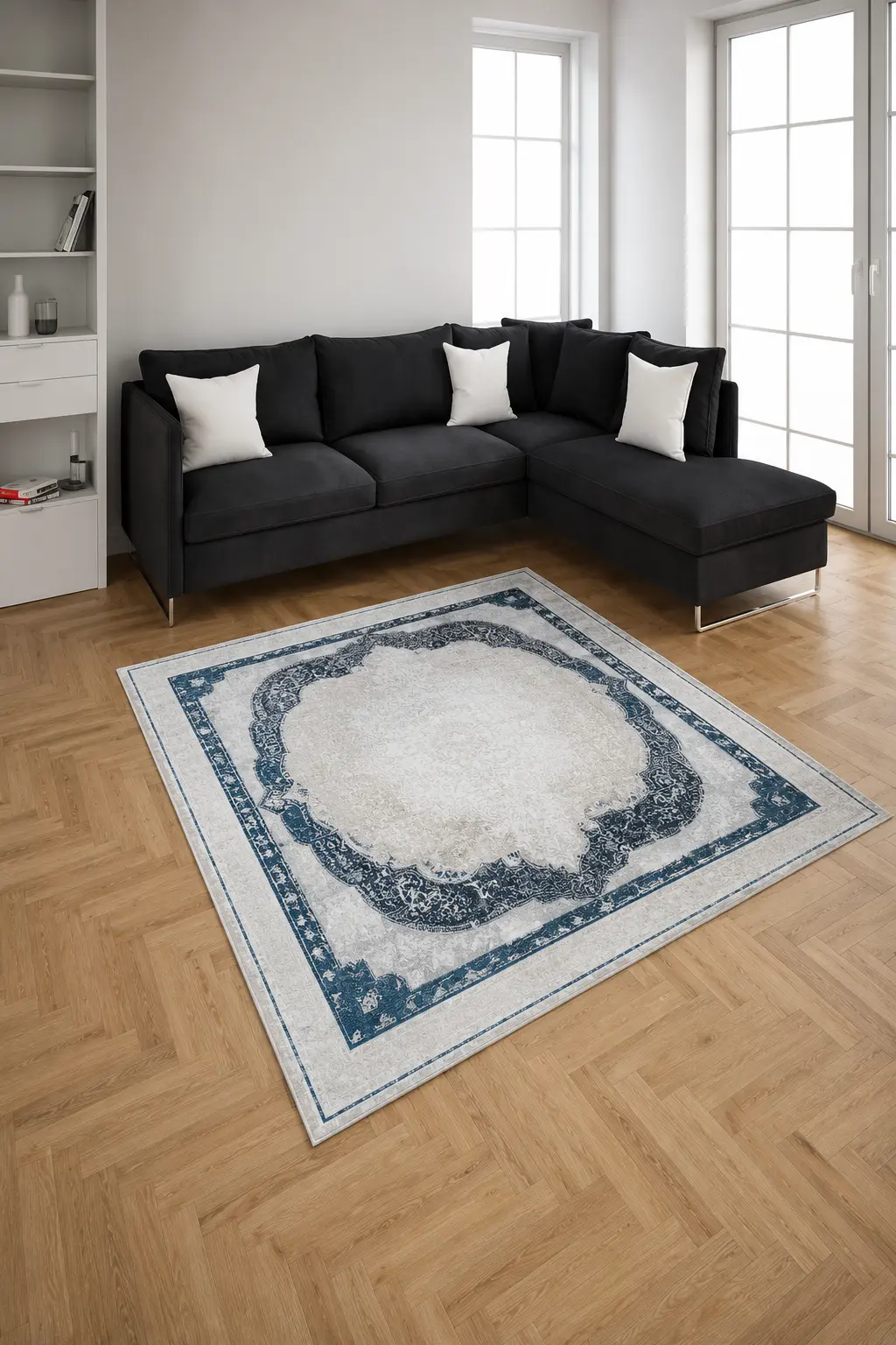 Nostalji Series Navy Blue Classic Patterned Six-Way Non-Slip Machine Woven Carpet | 13632