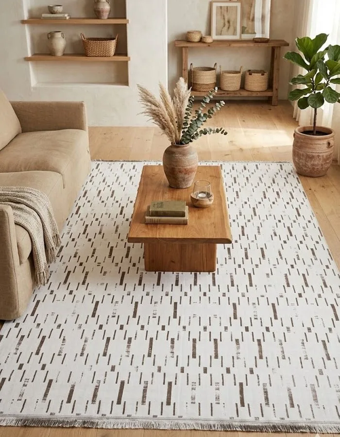 Washable Anti-allergenic Rug in Modern Patterned Design Machine Washable Perge Bej Zigzagged | 003