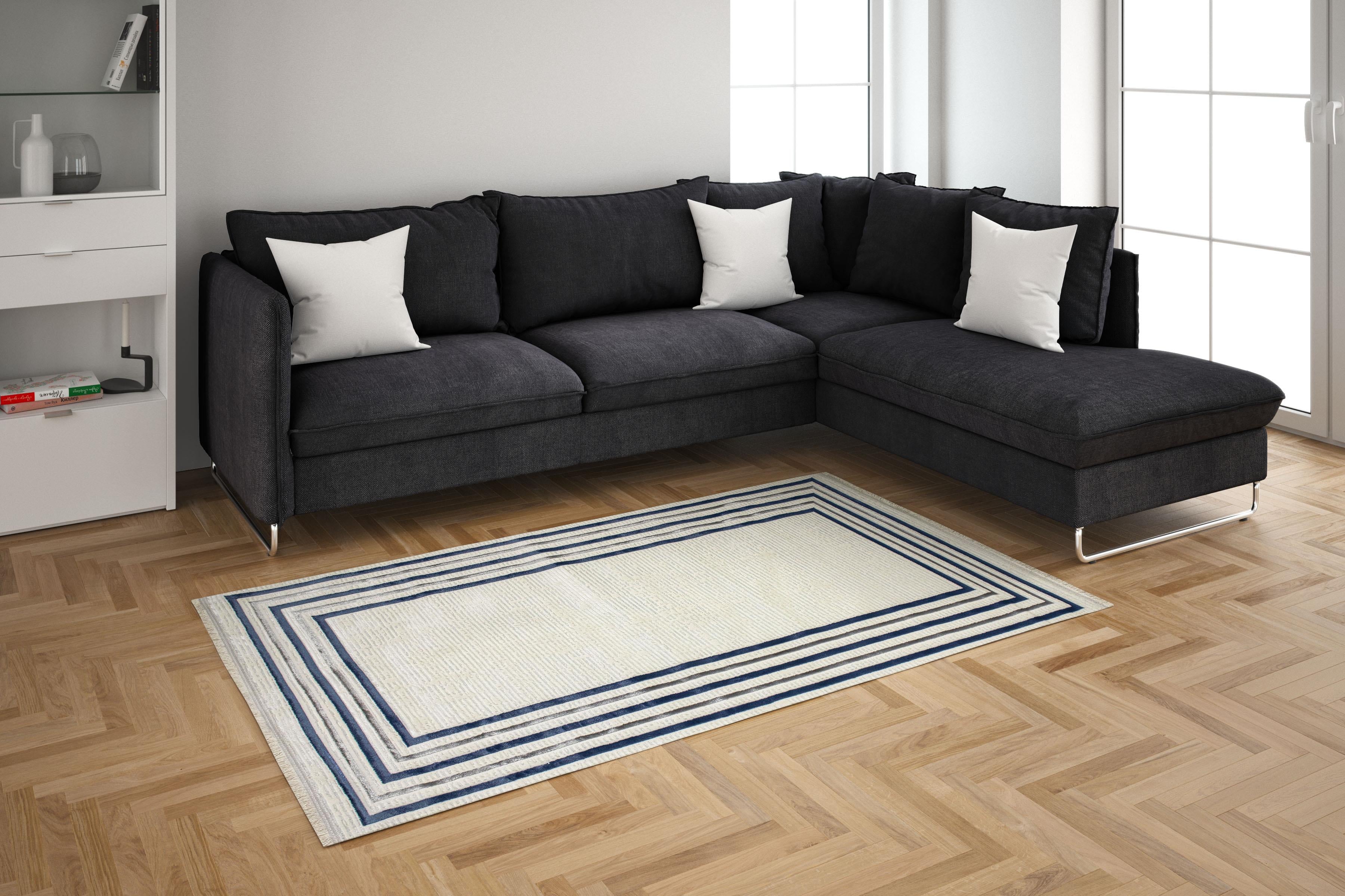 Sema Series Framed Cream Blue Flame non-slip bottom Machine Woven Carpet | 2017