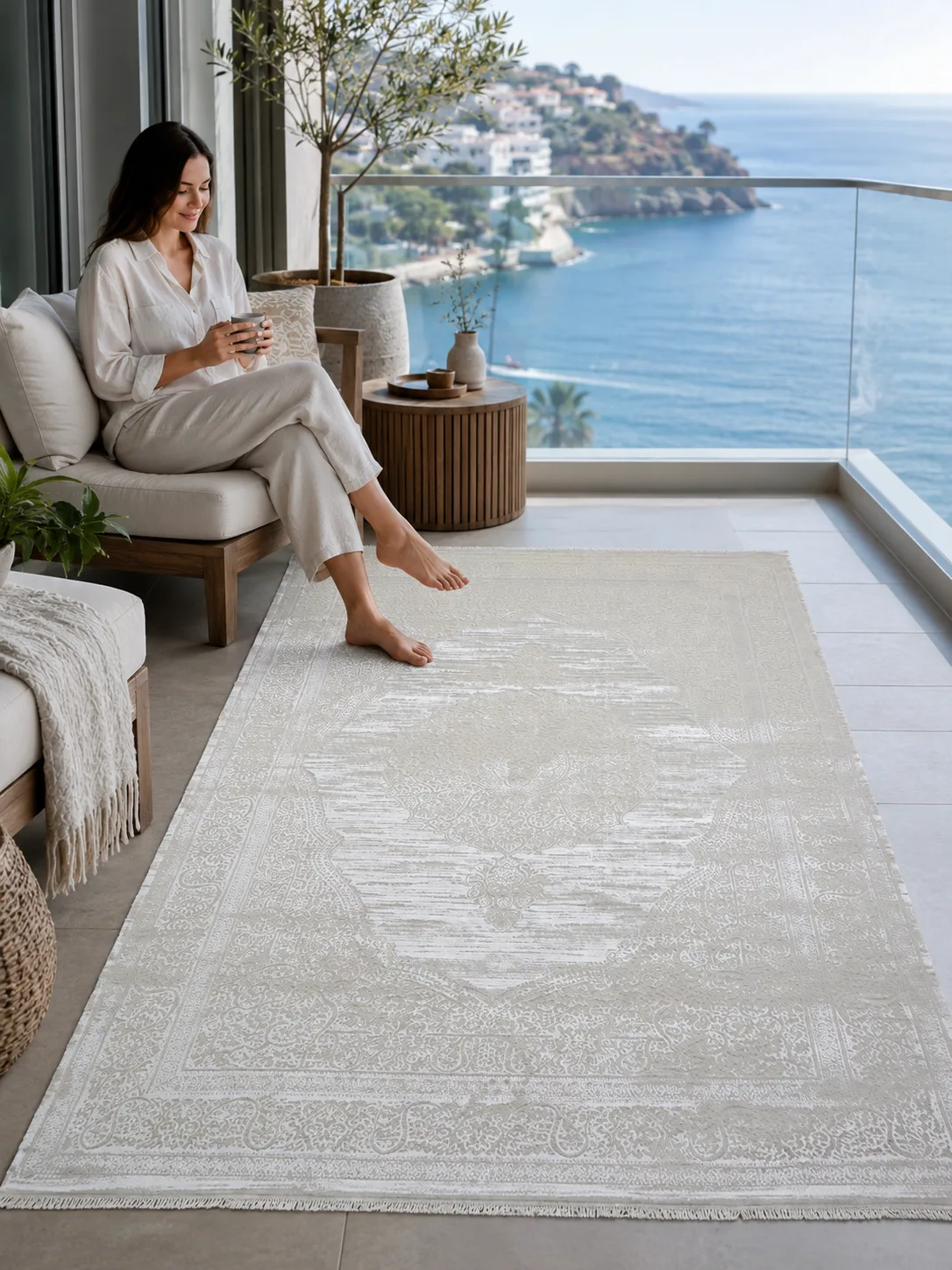Sema Series Krem-Beyaz Yarnar Dönerlialtı Kaymaz Machine Dokuma Carpet | 2009