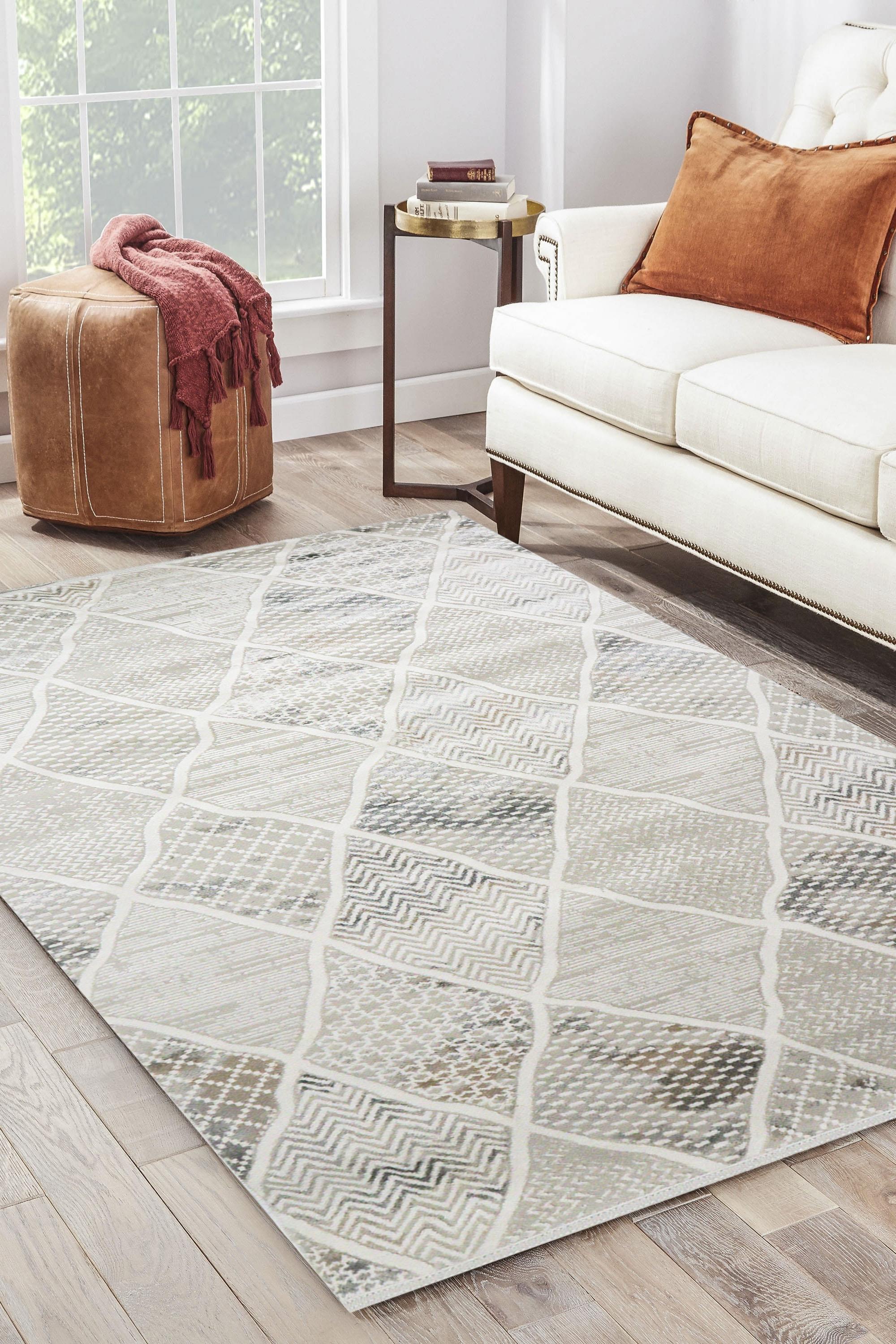 Sultan Erva White - Beige Modern Acrylic Machine Woven Living Room Carpet - 4206