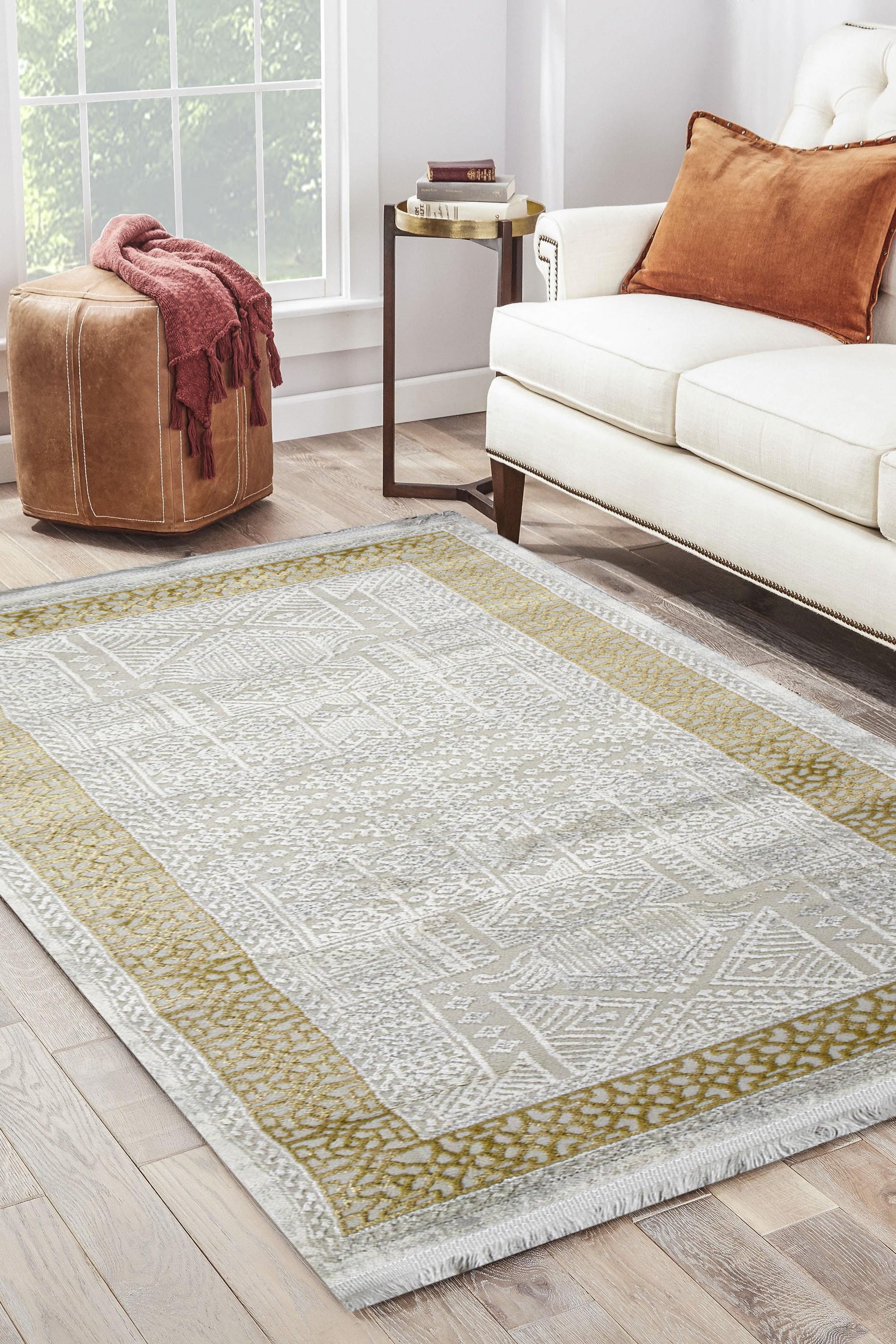 Sultan Erva White - Mustard Modern Acrylic Machine Woven Living Room Carpet - 4202