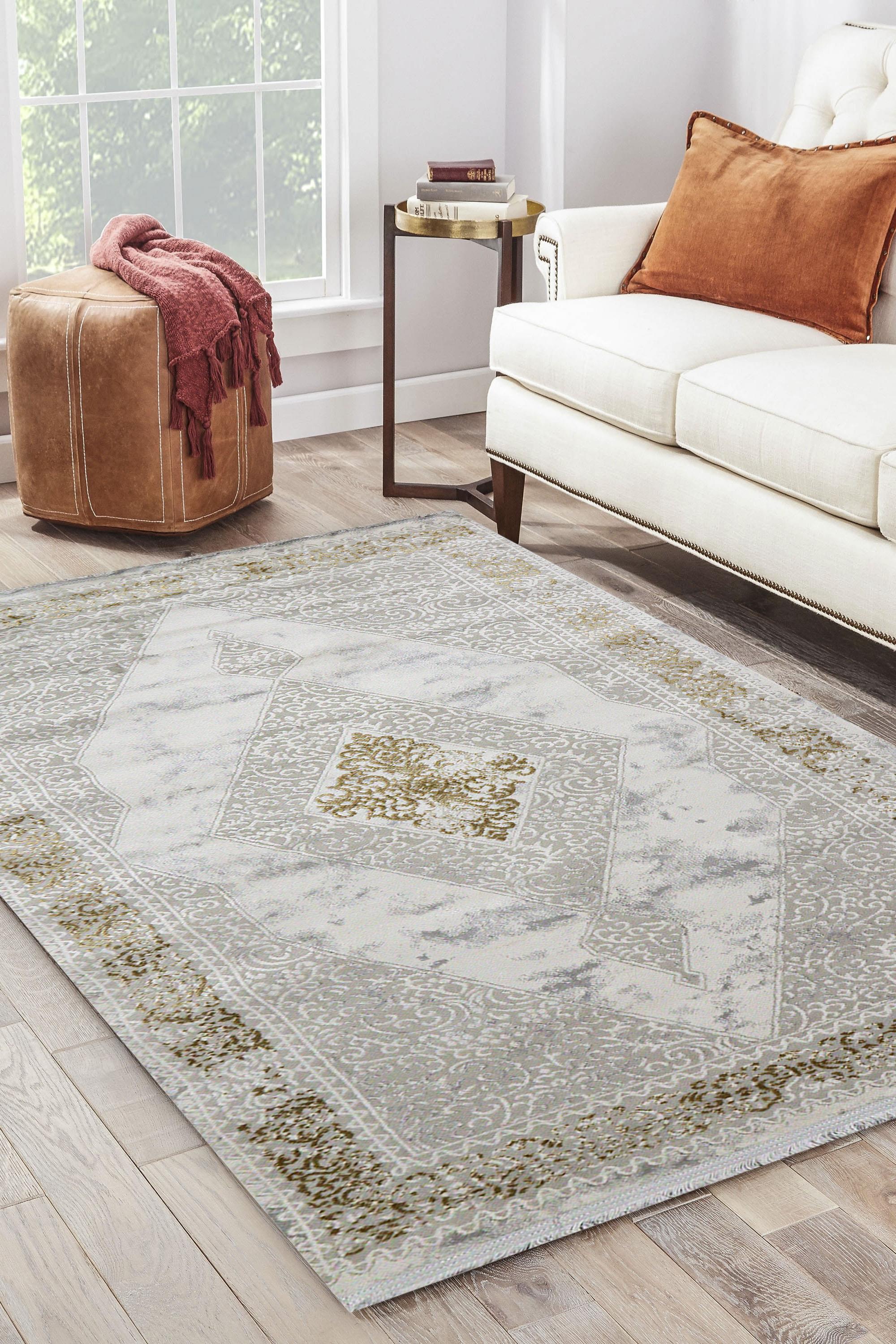 Sultan Erva White - Mustard Modern Acrylic Machine Woven Living Room Carpet - 4210