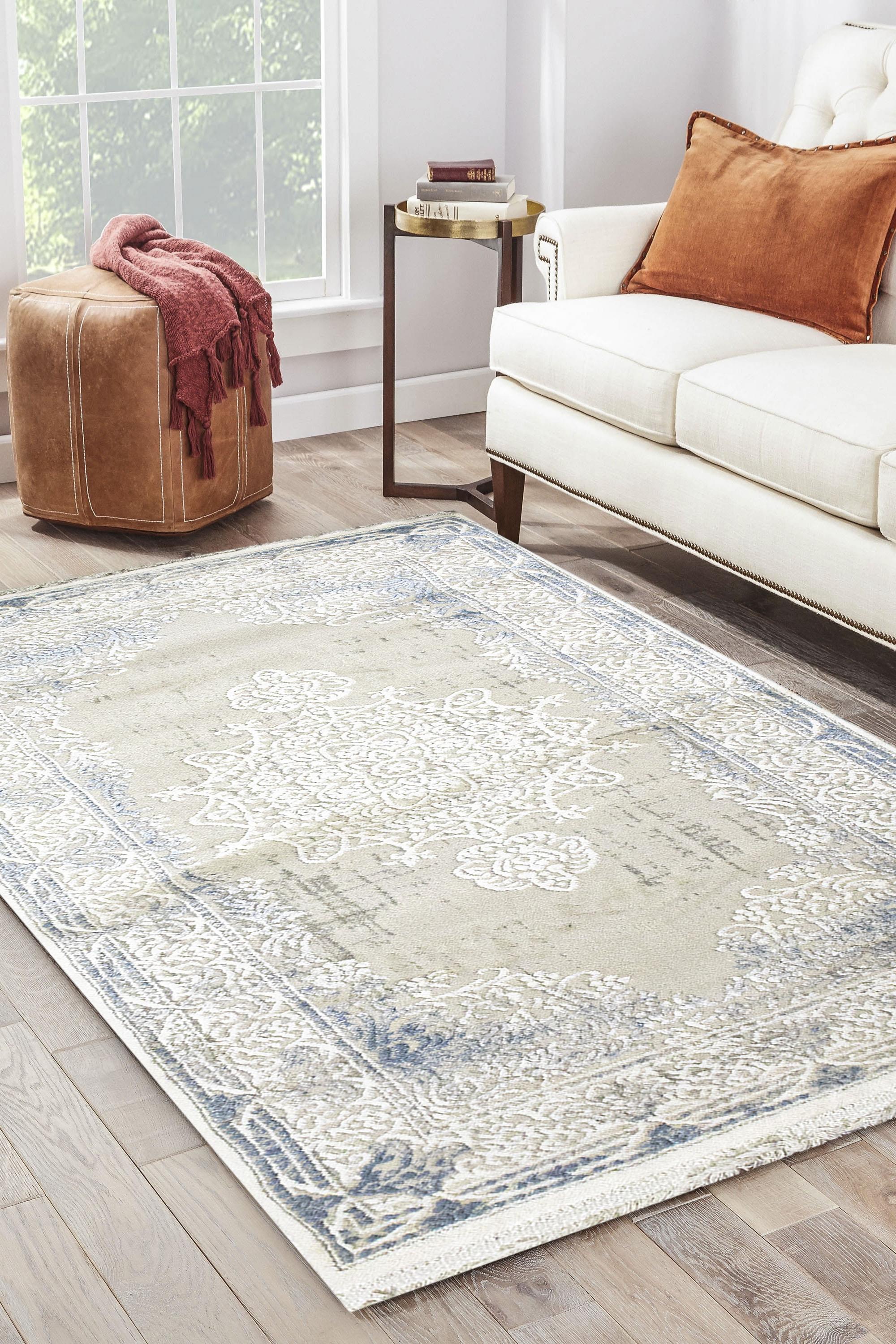 Sultan Erva White - Blue Modern Acrylic Machine Woven Living Room Carpet - 4201