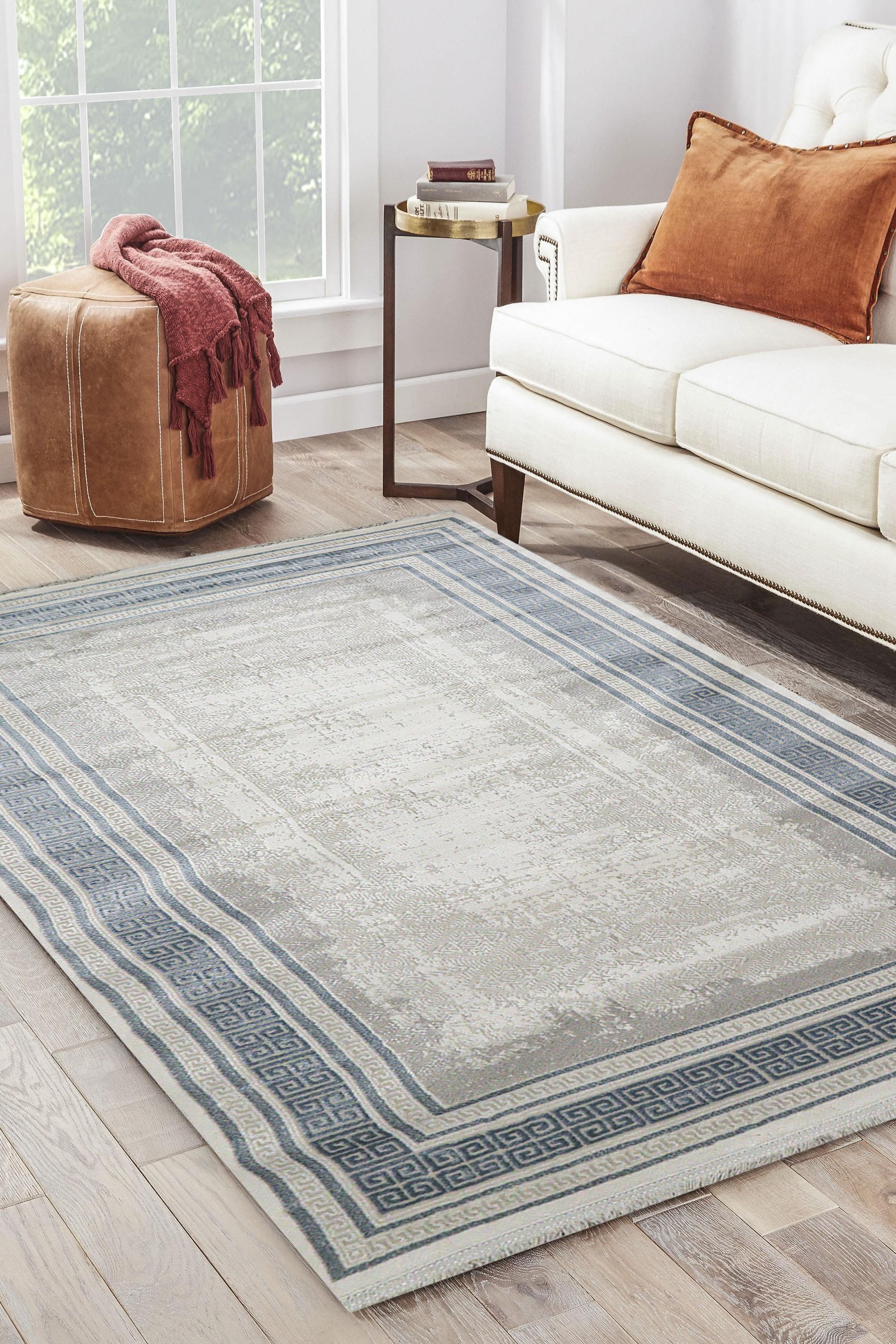 Sultan Erva White - Blue Modern Acrylic Machine Woven Living Room Carpet - 4203