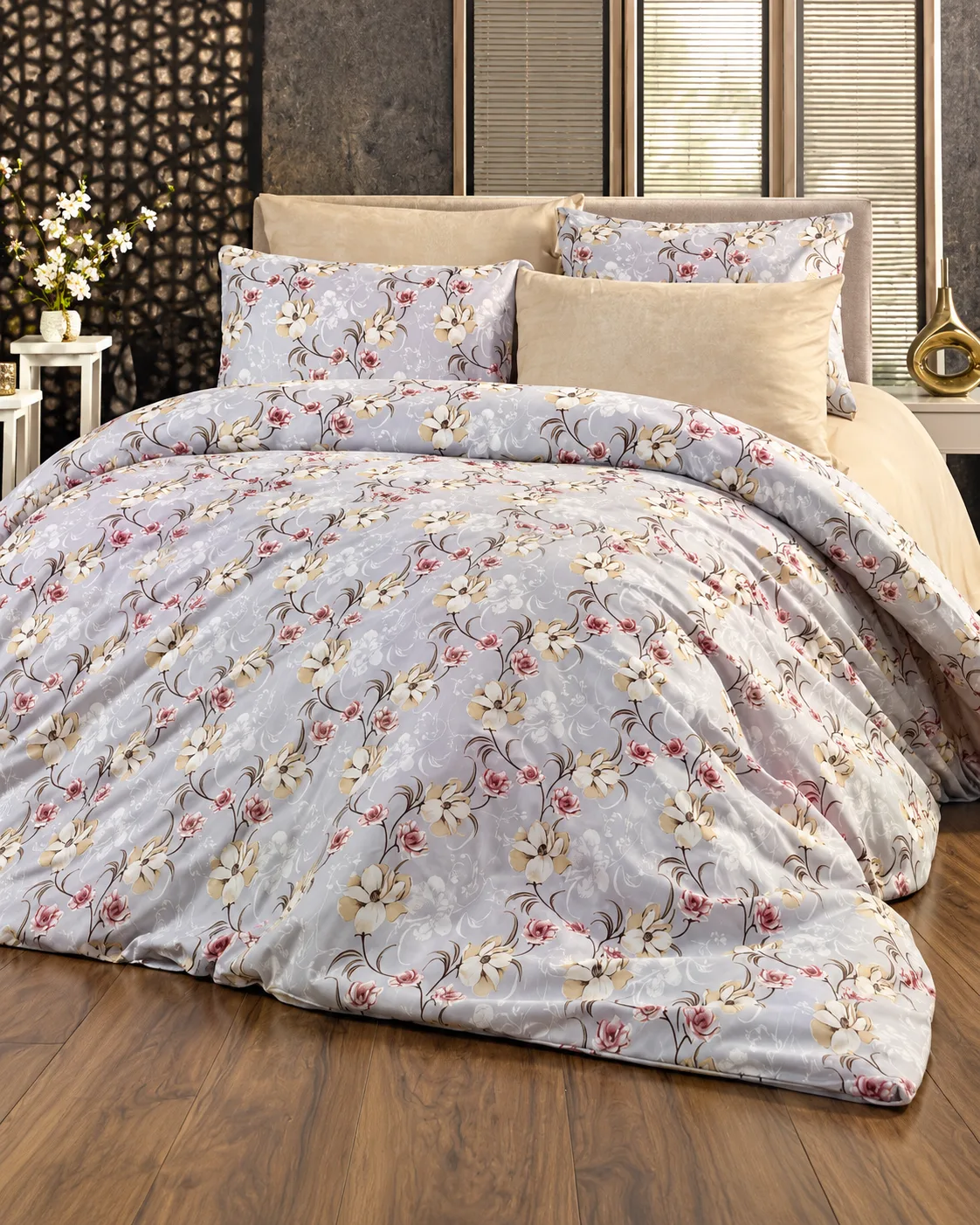 Tek Kişilik Desenli Krem Yastıklı Nevresim Takımı HT02 160X220