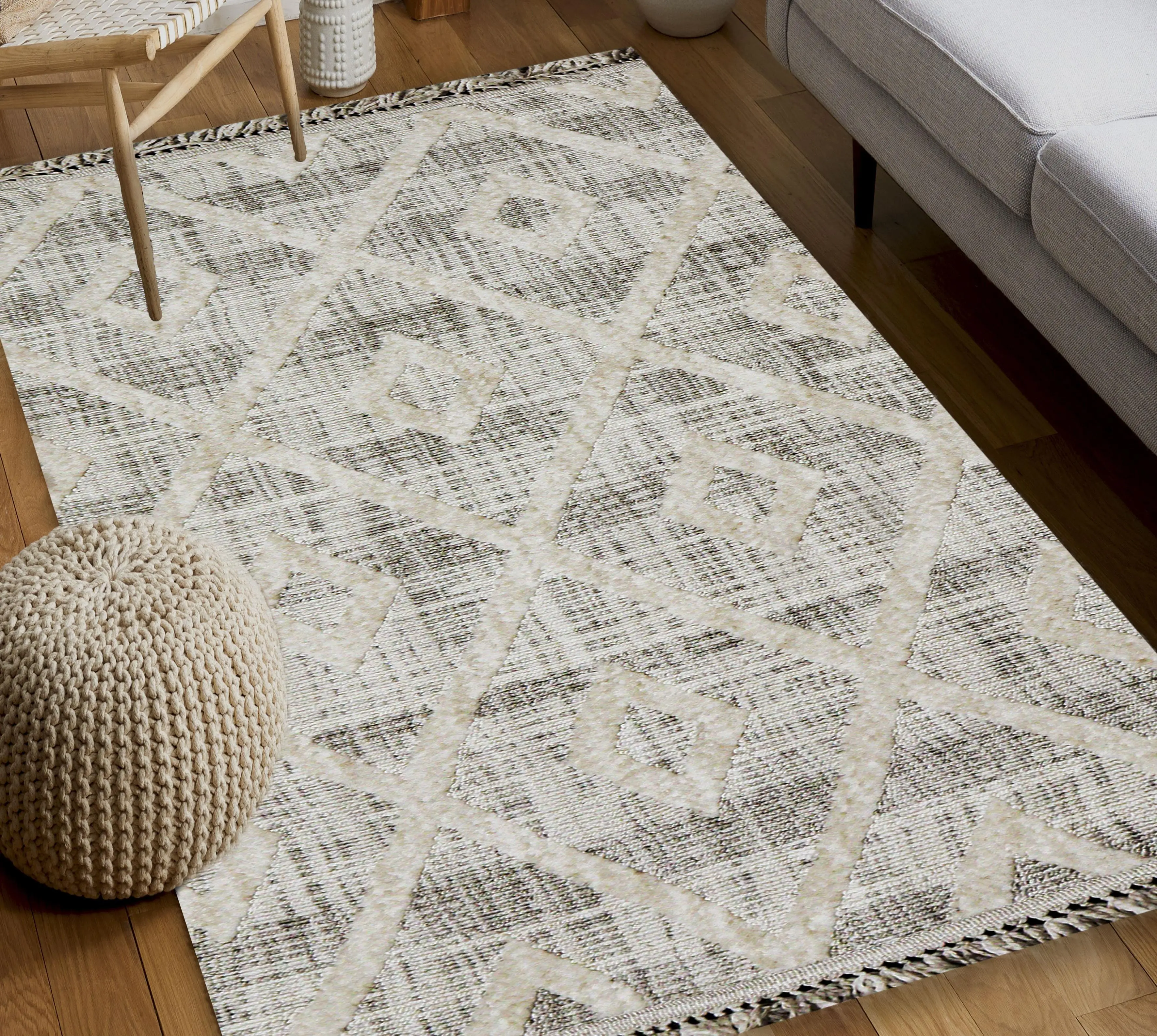 Yonca Seri Scandinavian Beige Pyramid Patterned Machine Woven Modern Living Room Carpet 3091 | Sultan Halı