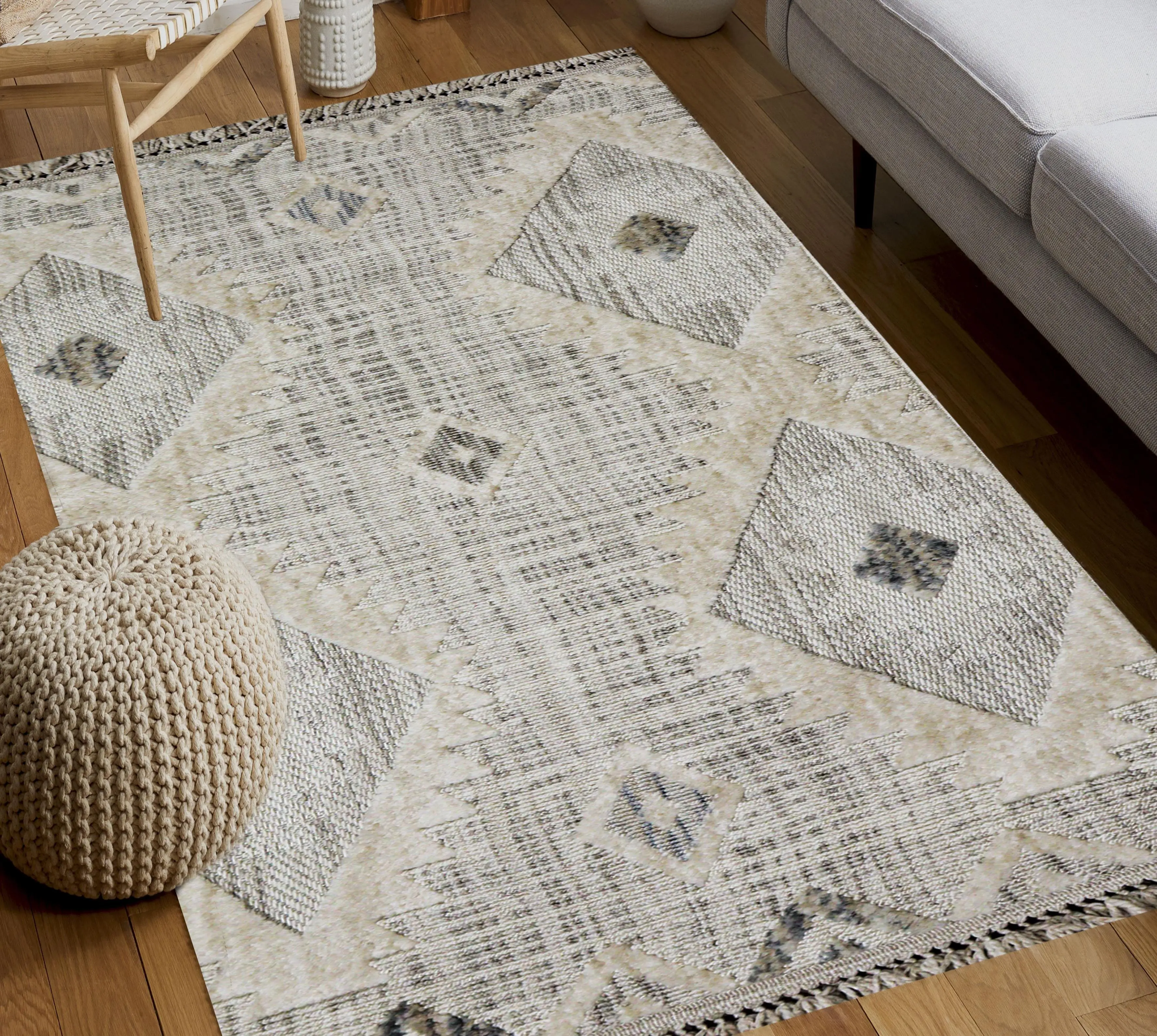 Yonca Seri Scandinavian Grey Pyramid Patterned Machine Woven Modern Living Room Carpet 3092 | Sultan Halı